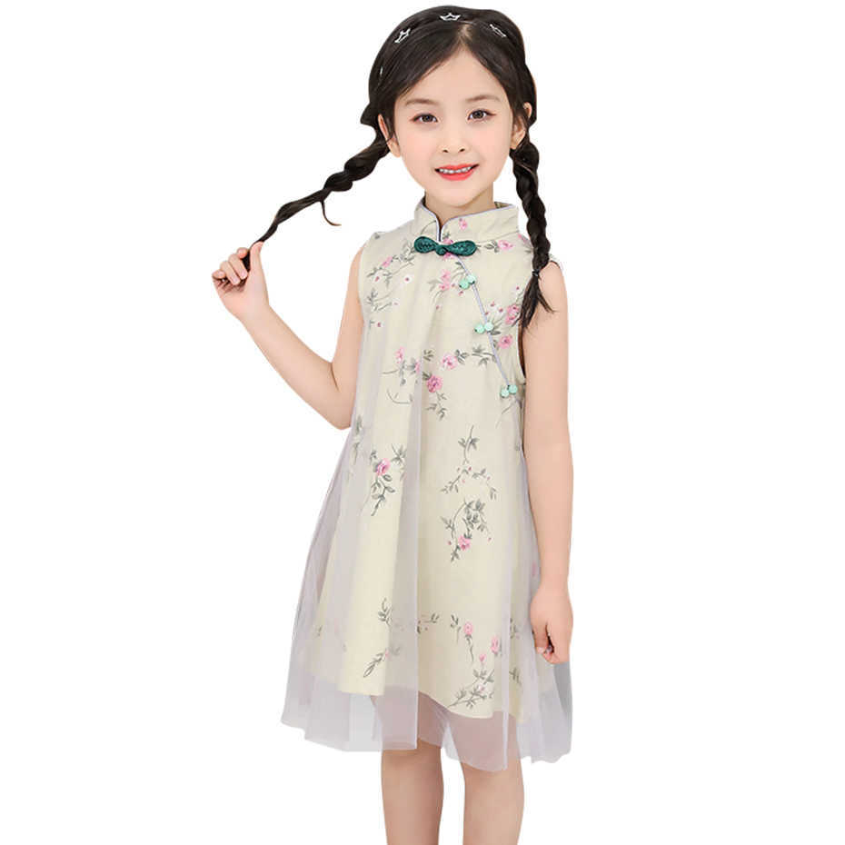 Dress For Girls Floral Party Kids Girl Mesh Kid Cheongsam Chinese Style Costume 6 8 10 12 14 210528