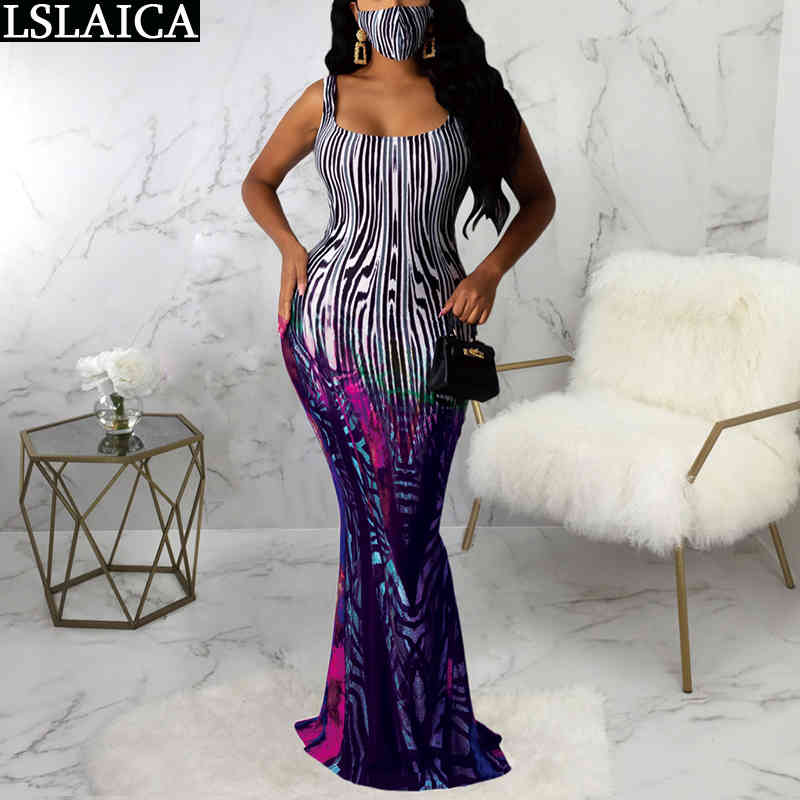 Party Dress Sleeveless Print Patchwork High Waist Backeless Sexy Evening Club Floor Length Bodycon Femme 210515