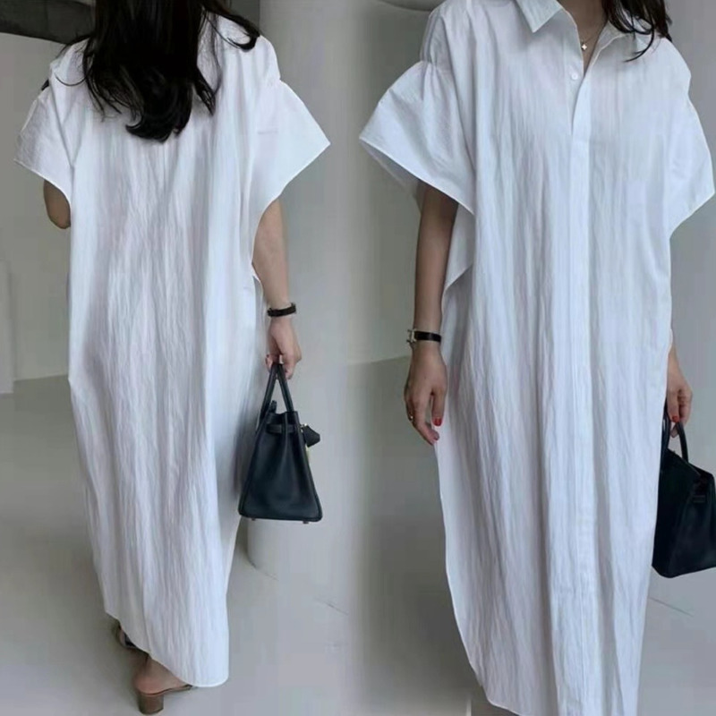Casual Midi Dress Loose Short Sleeve Polo Collar Temperament Fit Fashion Summer Women's 2P1653 210526