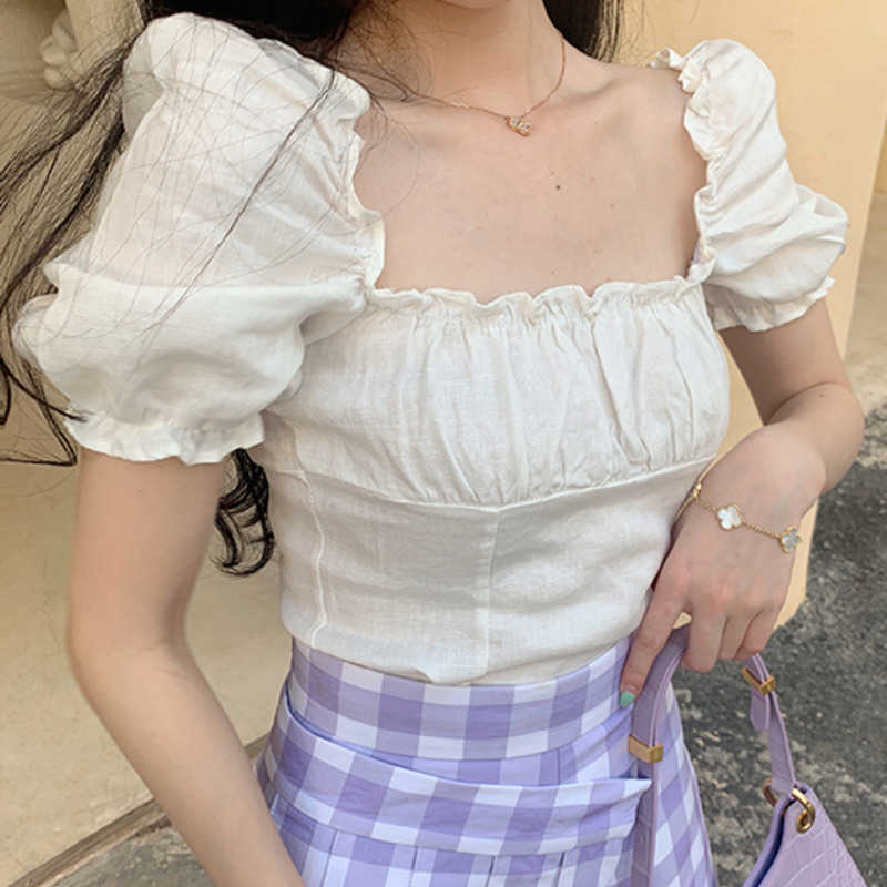 WOMENGAGA Summer White French Square Collar Puff Sleeve Short Top Women's Slim T Shirt Tees Korena 3T4Q 210603
