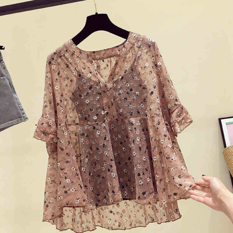 blusas mujer de moda womens clothing print chiffon blouse short sleeves shirts Two-piece Suite 4612 50 210506