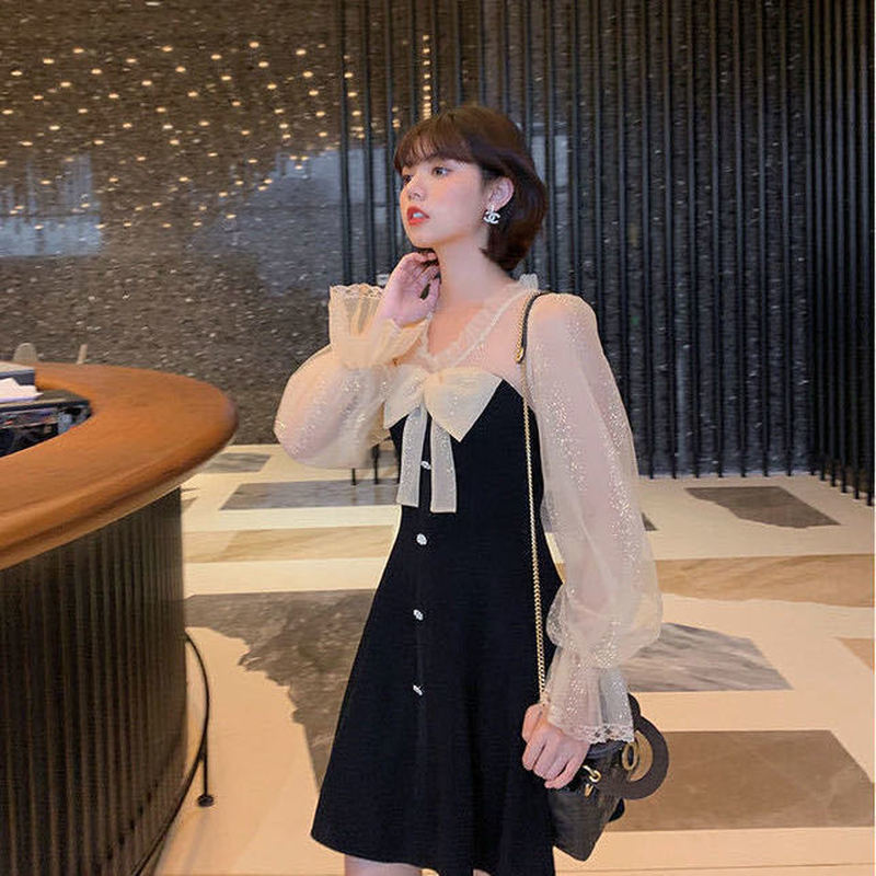 Elegant Mini Party Dress Women Casual Bow Lace Long Sleeve Black Vintage Dress Bow Sexy Dress Korean Spring Chic 210521