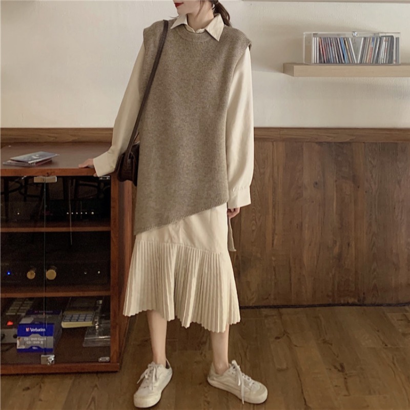 Elegant Two Pieces Set Women Loose Sleeveless Vest + Pleated Long Shirt Dress Autumn Ladies Korean Chic Duit Outfits 210519