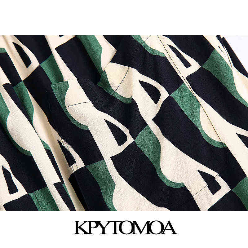 KPYTOMOA Women Fashion Side Pockets Printed Flared Pants Vintage High Elastic Waist Zipper Fly Female Trousers Mujer 211115