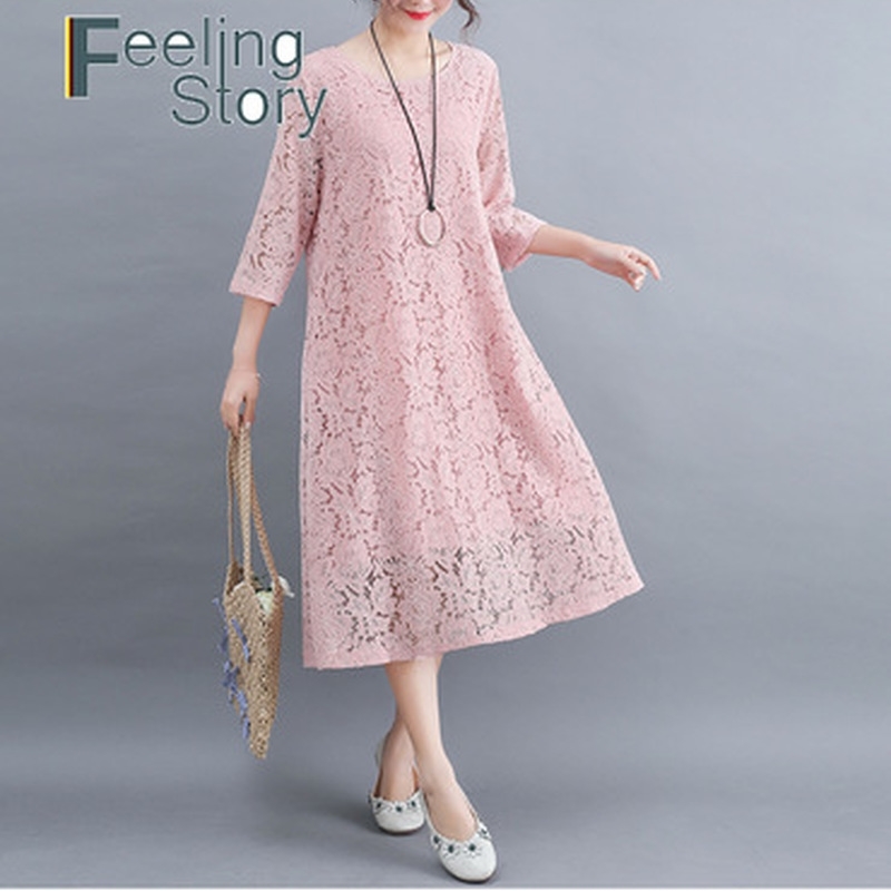 Women Dresses Pink Embroidery Lace Elegant Party Three Quarter Sleeve Summer Cotton 210603
Women Dresses Pink Embroidery Lace Elegant Party Three Quarter Sleeve Summer Cotton 210603
