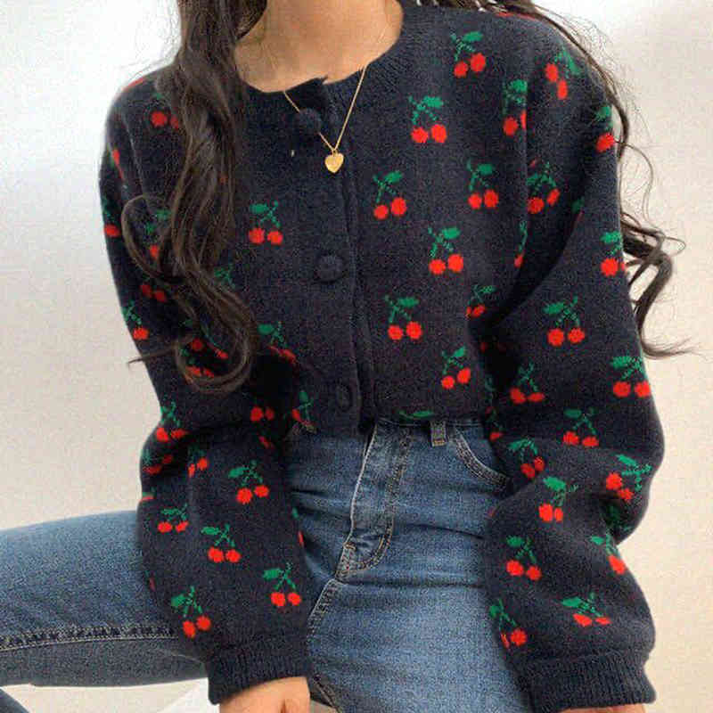 Women Fall Sweater Cardigans Chic Streetwear Cute Cherry Knit Jackets Korean Coat Autumn Winter Outwear Tops 210422