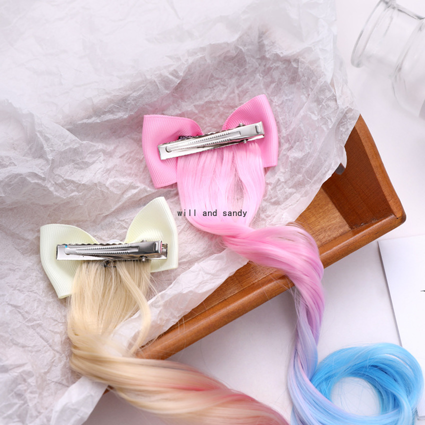 WHOLESLAE Girls Children Colorful Bow Knot Hairpiece Hair Clips Barrettes Wig Hairs Extension Bobby Pin Clasp Birthday Cosplay Hair Jewelry