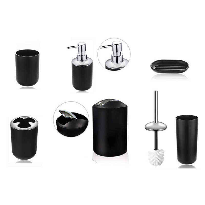 6Pcs Bathroom Accessories Set Toothbrush Holder Cup Soap Dispenser Dish Toilet Brush Trash Can Plastic Tumbler Washroom Tool 211222
