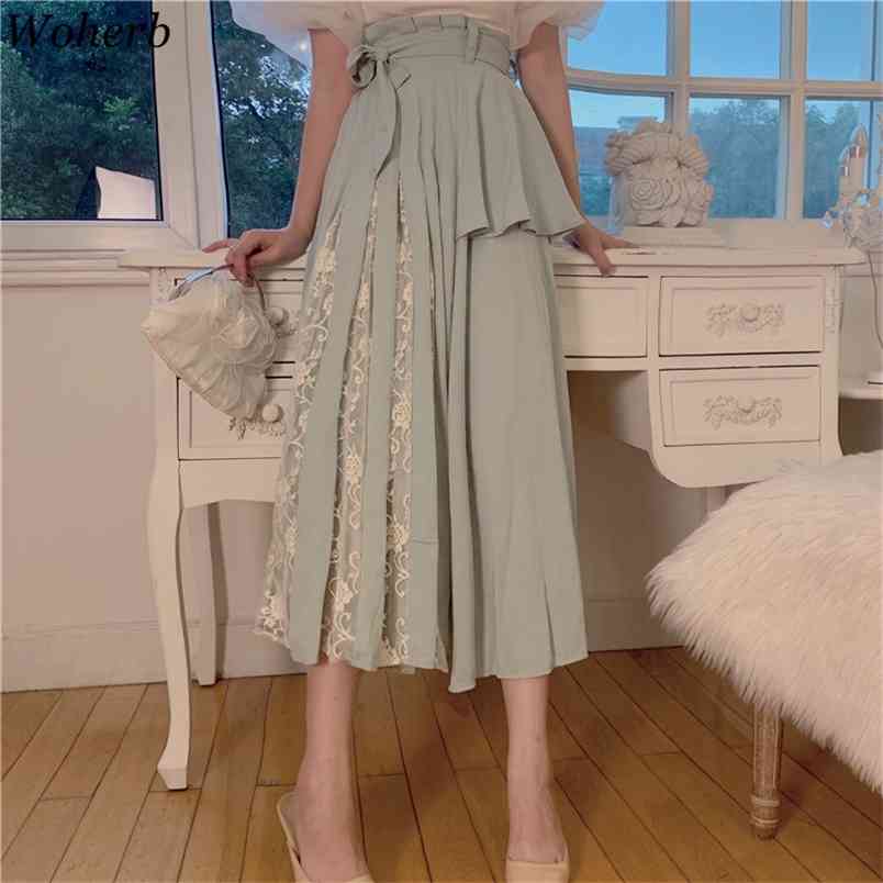 Elegant Lace Skirts Womens Faldas Largas Mujer Korean Fashion Clothing Bandage Pleated Skirt Summer Kawaii Femme 210519