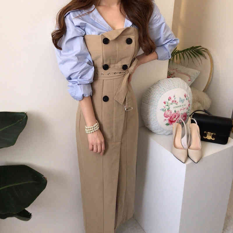 Korean 2 Piece Set Simple All-match Turn-down Collar Shirt + Double Breasted Drawstring Strapless Dress Autumn Chic Suit 210506