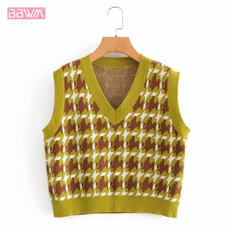 Vintage V-neck Sleeveless Short Sweater Vest Women's Fashion Loose College Style Temperament Chic Female Tops 210507