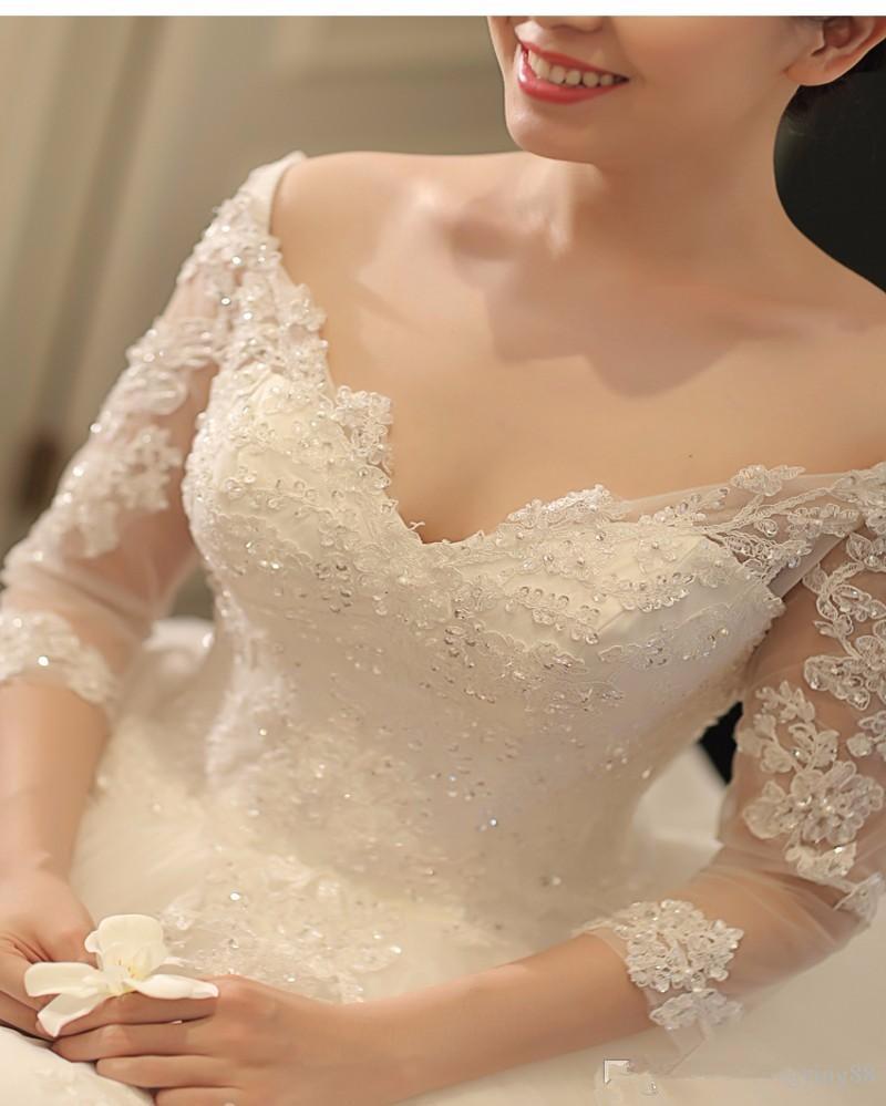 Classic Wedding Dresses With deep V-neck Long-sleeve Appliqued Race Vintage Ball Gown Wedding Dress Custom Made Vestidos De Novia