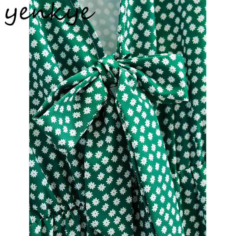 Green Floral Print Ruffle Dress Women Bow Tie V Neck Short Sleeve A-line Mini Summer Holiday Vestido 210430
