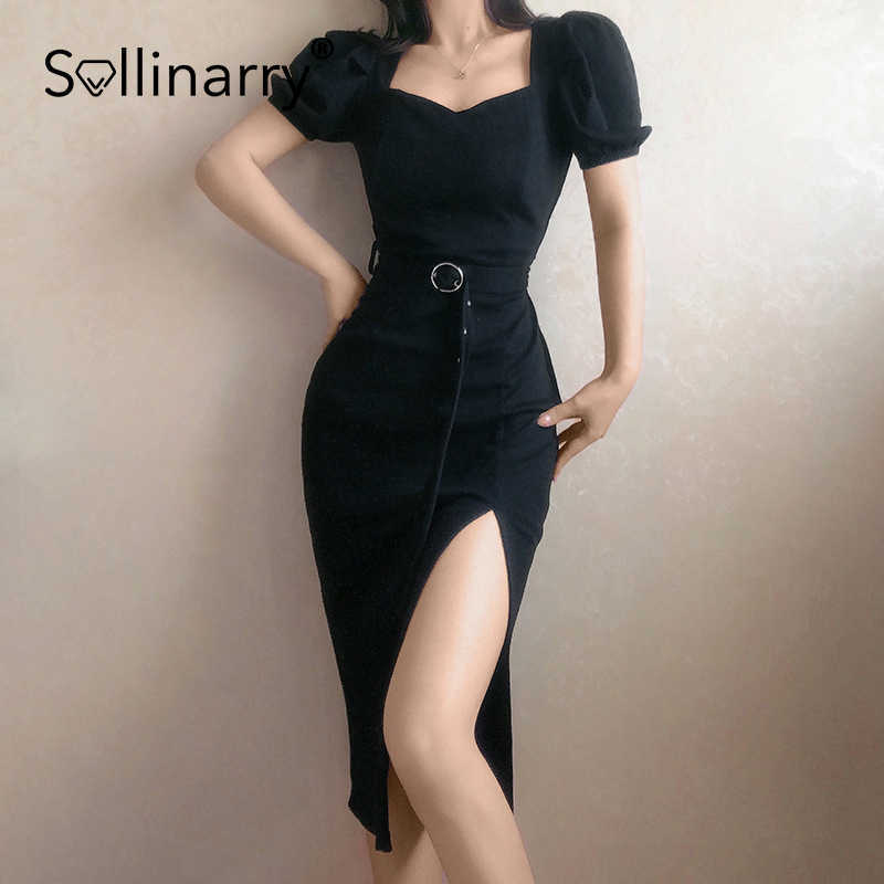 Sollinarry Black sexy party dress women Vintage short puff sleeve midi summer dress Elegant belt high split slim dresses ladies 210709
Sollinarry Black sexy party dress women Vintage short puff sleeve midi summer dress Elegant belt high split slim dresses ladies 210709