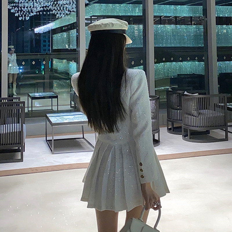 [DEAT] V-neck Ball Gown Undefined Woman Dress Double Breasted Solid Above Knee Mini UnfiNew Fashion Tide Spring GX070 210428
