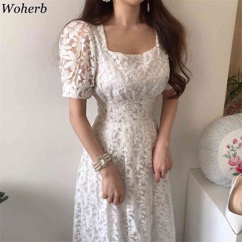 Women Long Robe Spring Summer Elegant Lace Floral Dresses Patchwork Korean Chic Ladies Party Vestido 210519