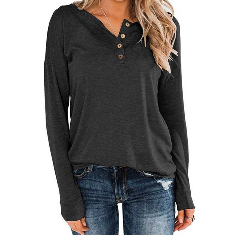 Plus Size Long Sleeve Women T-Shirts Casual Solid Color V Neck Buttons Loose Female Tee Tops Autumn Spring Pullover T Shirts 210526