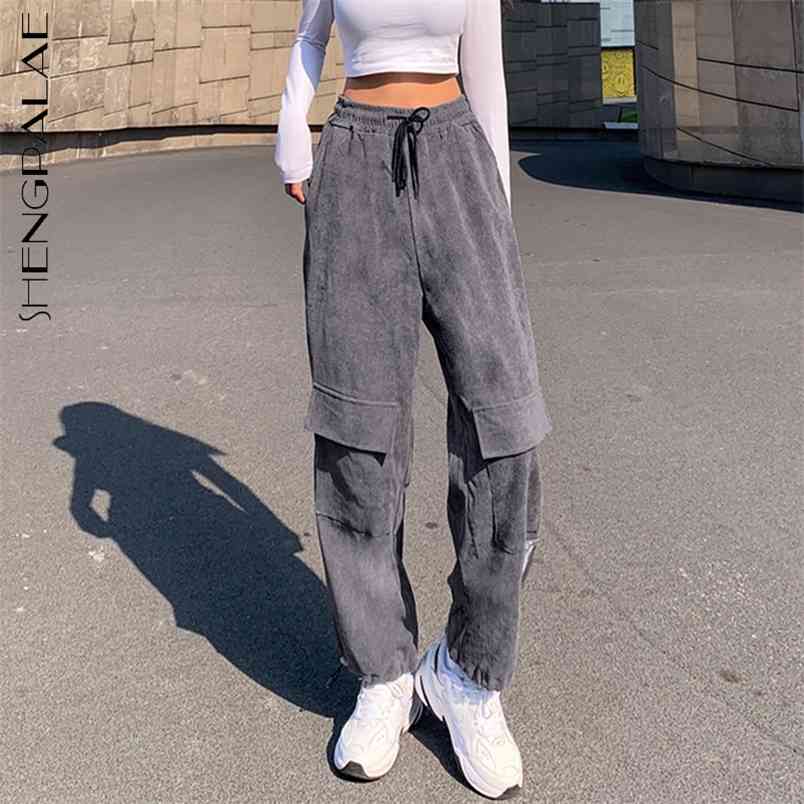 Corduroy Trousers Women's Spring Fashion High Waist Drawstring Large Pocket Casual Straight Pants Female 210427