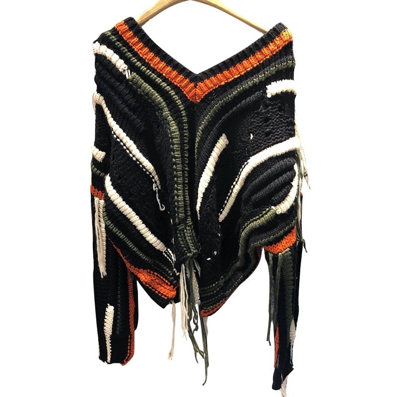TWOTWINSTYLE Casual Patchwork Tassel Sweater For Women V Neck Long Sleeve Hit Color High Street Loose Knitted Pullovers Female 210517