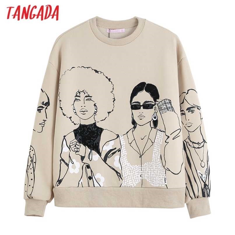 Tangada Women Charater Print Gray Sweatshirts Oversize Long Sleeve O Neck Loose Pullovers Female Tops 4H1 211013