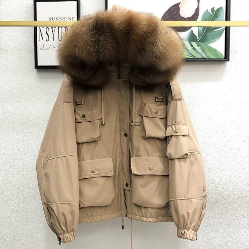 Large Natural Raccoon Fur Women Down Coat Winter Thick 90% White Duck Down Parka Female Hooded Short Jacket Loose Down Outerwear 210819