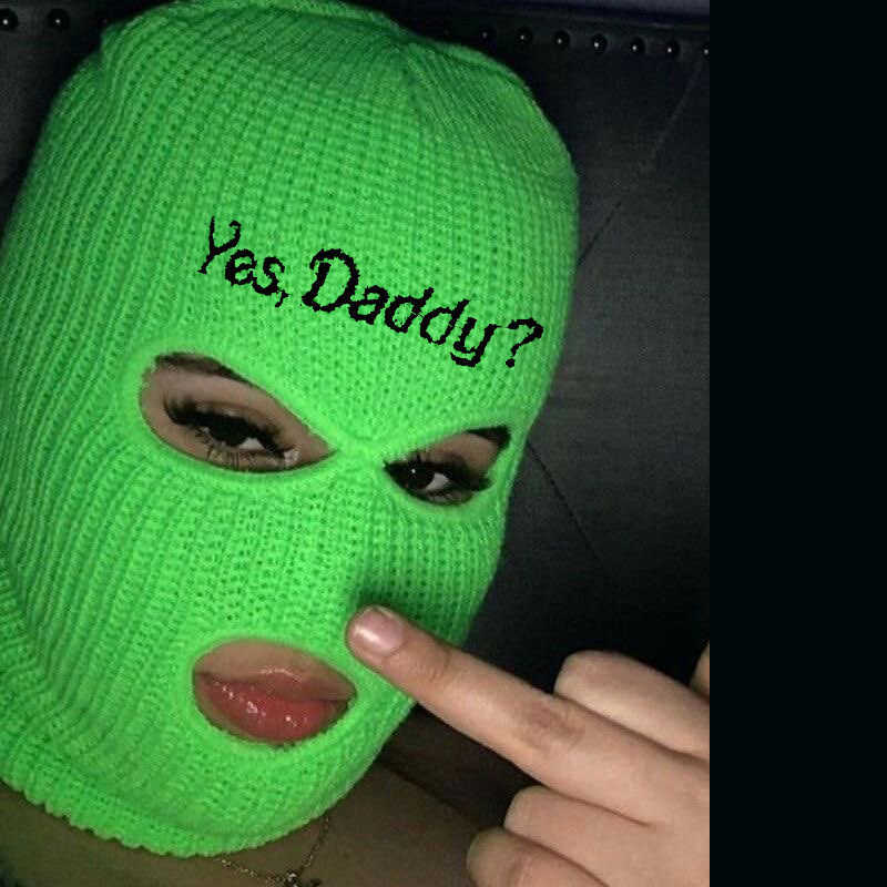 Balaclava Full Face Mask Embroidery Winter Hat for Woman Ski Mask Yes Daddy Warm Knit Full Caps Outdoor Sports Beanies 211012