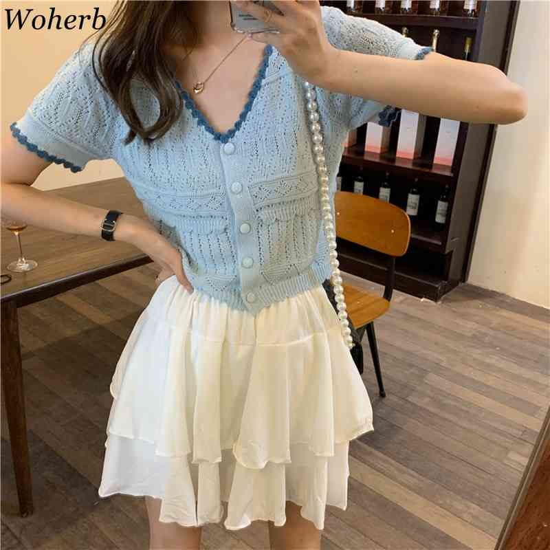 Summer Knitted Crop Cardigan Tops Women Korean Elegant Vintage Short Sleeve Ladies Jumpers V-neck Sweater Femme 210519