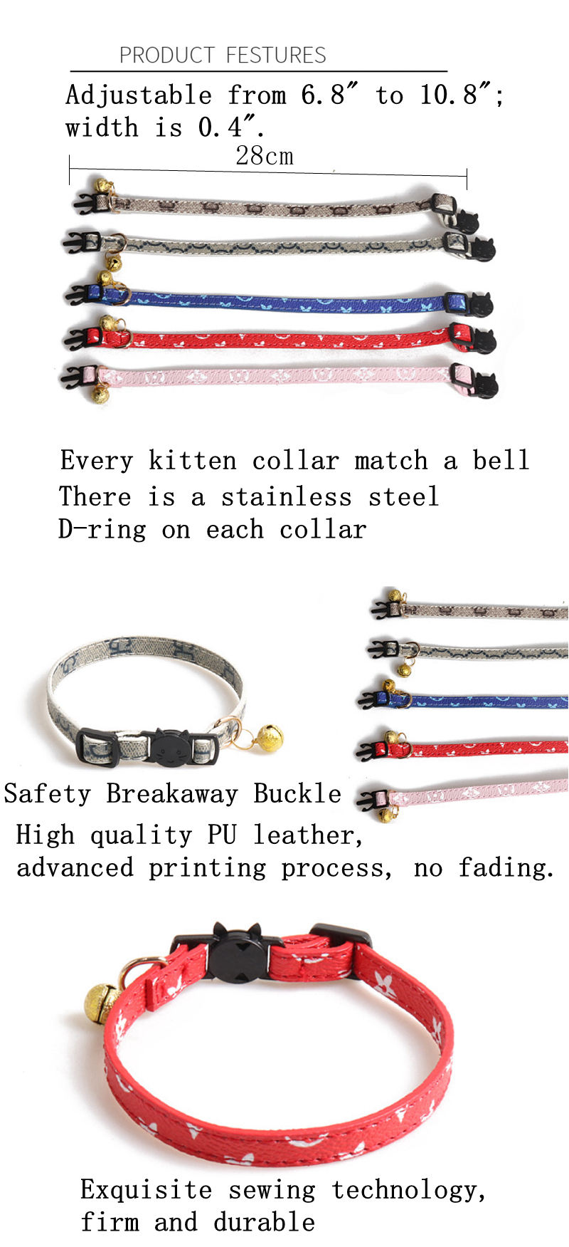 8 Colors Fashion urious Cat Dog Collar Breakaway with Bell Adjustable Safety Kitty Kitten Set Small Designer Dogs Pet Collars Party Vacation Pink