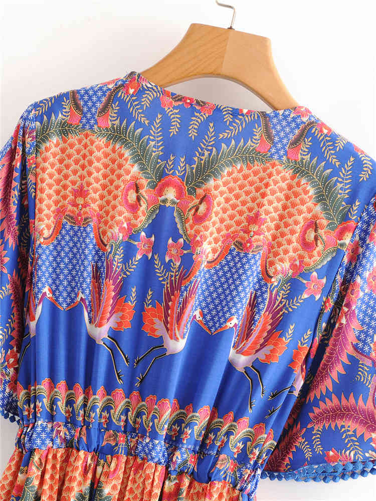 beauty Fashion Boho Vintage Print Maxi Dress Women Holiday Chic V-neck Single-breasted Summer Long Dresses Female 210514