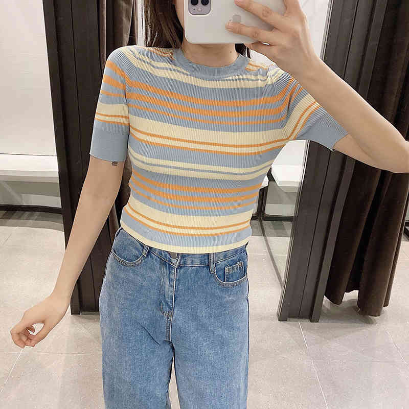 Fashion Multicolor Striped Knitted T Shirt Women Casual O Neck Bodycon Tops Ladies Short Sleeve Summer Tunic Tshirts 210515