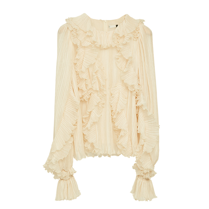 Elegant Patchwork Ruffle Shirt For Women Stand Collar Long Sleeve Casual Solid Blouse Female Fashion Clothing 210524