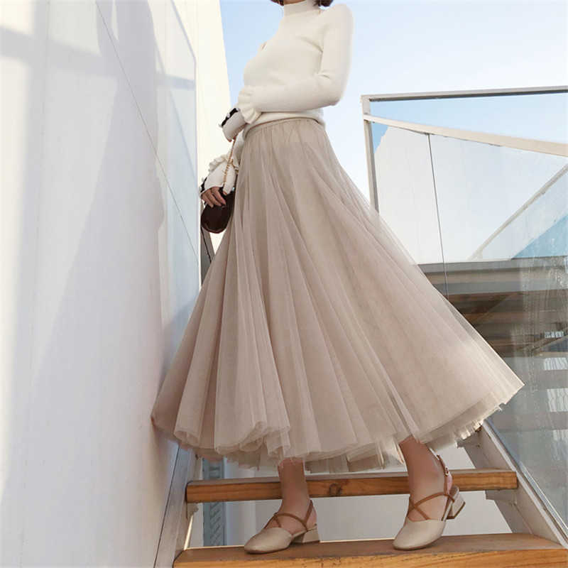 Plus Size High Waist Tulle Skirts Womens Long Pleated Skirt Black Pink Elegant Maxi Skirt Female Spring Summer Korean Mesh Skirt 210619wtt