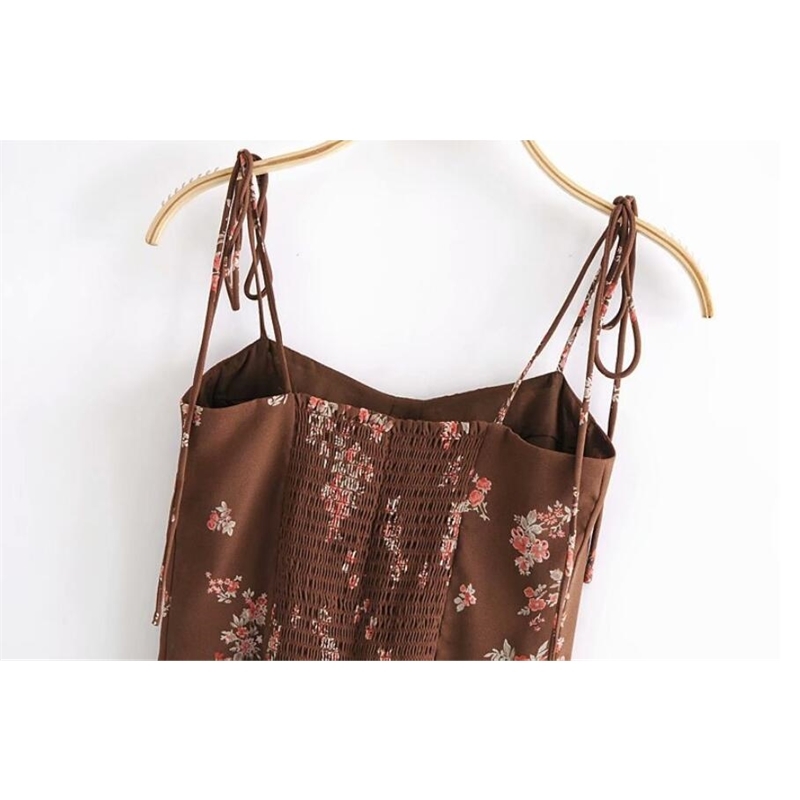 Summer France Tie Bow Strap Coffee Floral Print Camis Women Retro Girl Sexy Back Elastic Ruched Slim Crop Top Short Tees 210429