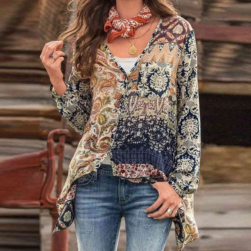 T-Shirt Summer Elegant Retro Tshirts V Neck Long Sleeve Thin Women Shirts Fashion Print Tops Office Lady Casual Loose T-Shirts 210515