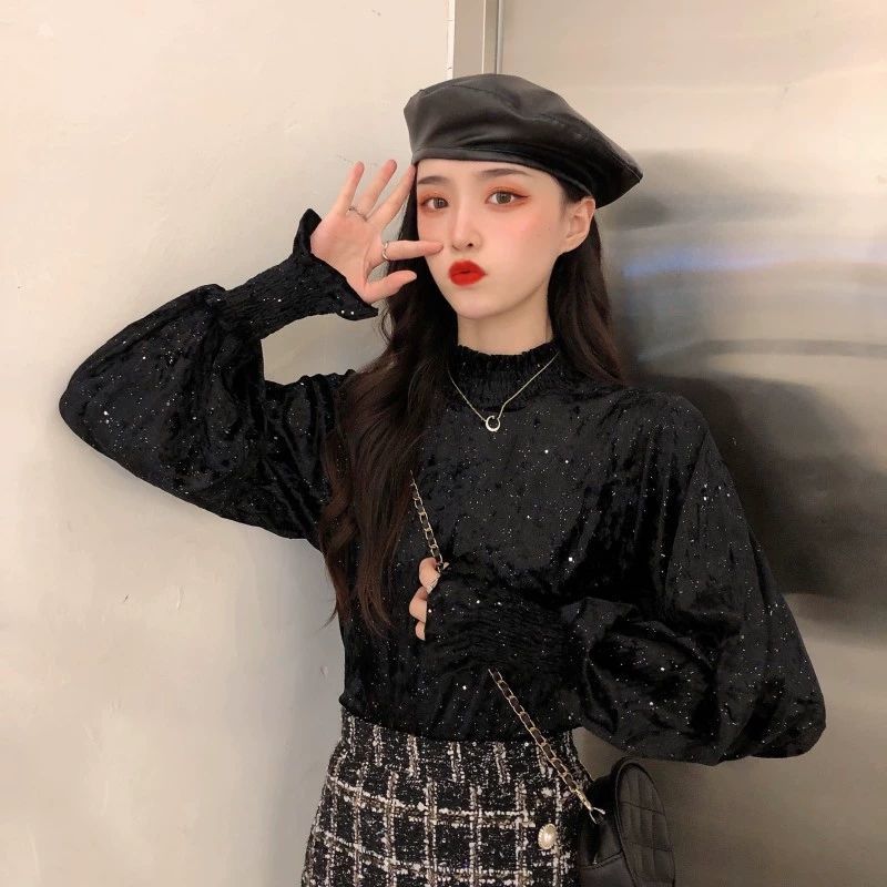 Wonder Spring Retro Style Pleated Puff-sleeve Sequined Blouse French Temperament Turtleneck Shirts 210510