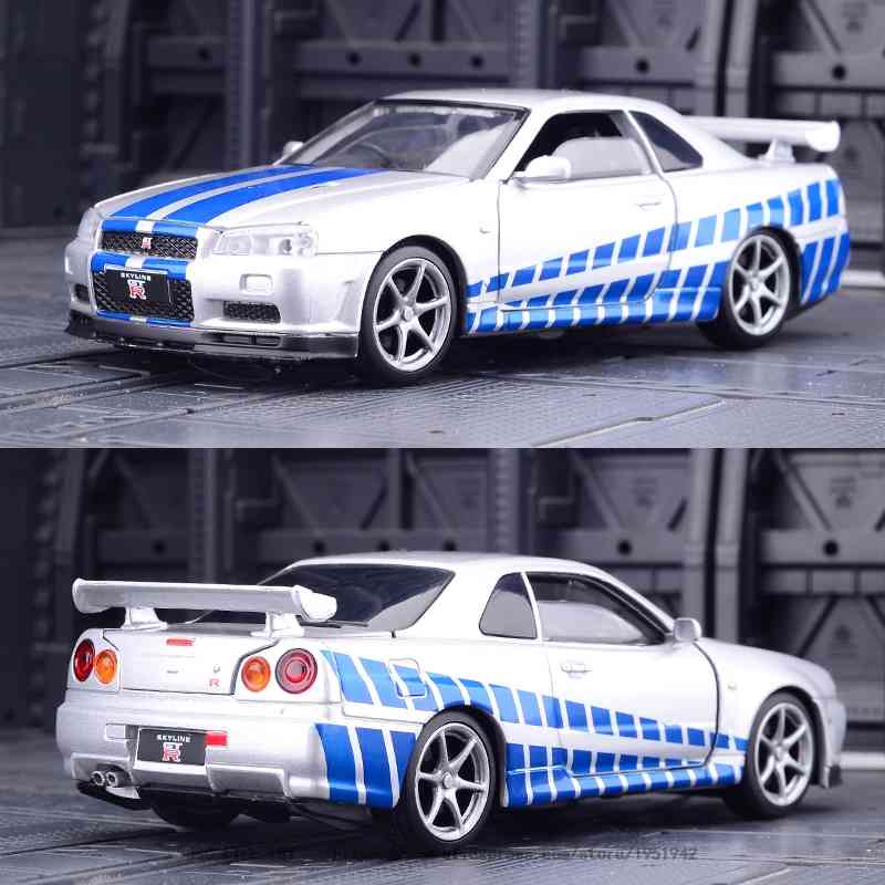 Nissan Skyline ares R34 and R35, metal toy car, high simulation toy car model, detachable collection, 1:32
Nissan Skyline ares R34 and R35, metal toy car, high simulation toy car model, detachable collection, 1:32