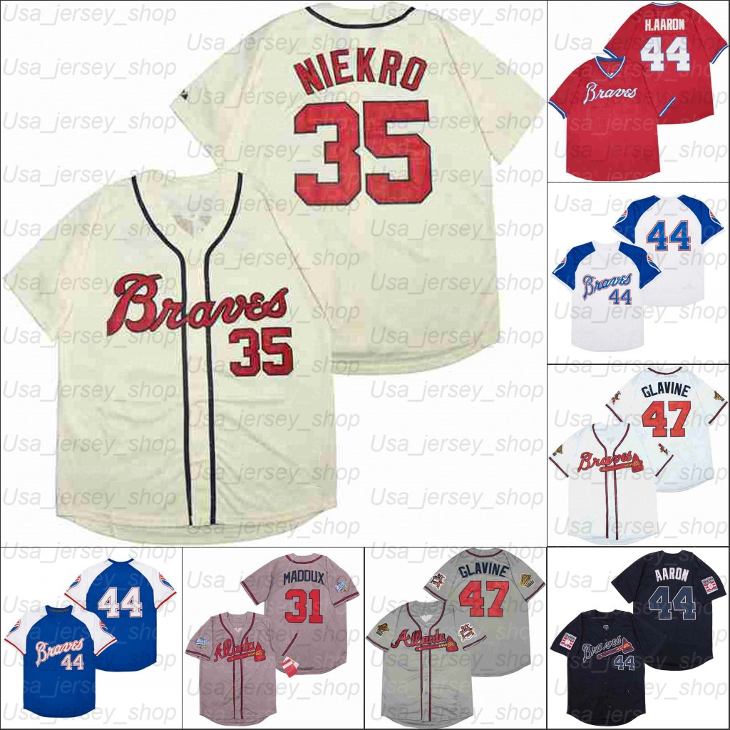 Retro Baseball 1934 1973 and 1974 Home Jersey 47 Glavine 44 H.AARON 31 MADDUX 35 NIEKRO black Jerseys, As photo
Retro Baseball 1934 1973 and 1974 Home Jersey 47 Glavine 44 H.AARON 31 MADDUX 35 NIEKRO black Jerseys, As photo