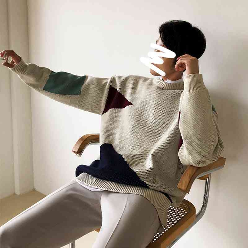 IEFB men's autumn winter thickened color block crew neck kint sweater Korean fashion loose oversized kintwear male 9Y4755 210524