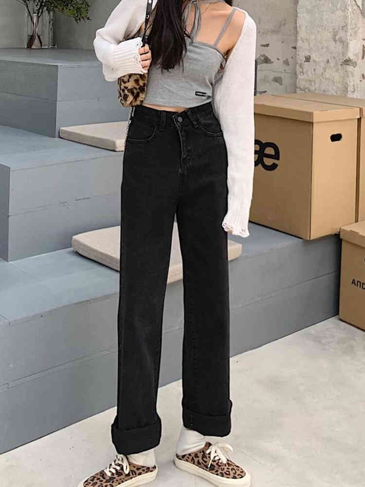 Black Jeans Trousers Women Chic Streetwear High Wide Leg Casual Pants Slim Vintage Denim Women Spring Korean Jeans Female 210521