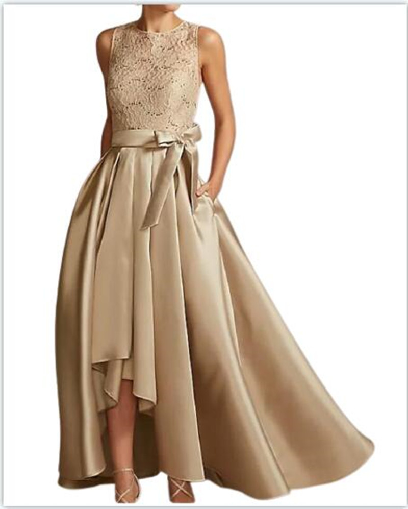 Champagne Sleevelees Mother's Dress Asymmetrical Party Dresses for Weddings Jewel Satin Lace Mother of the Groom Dresses