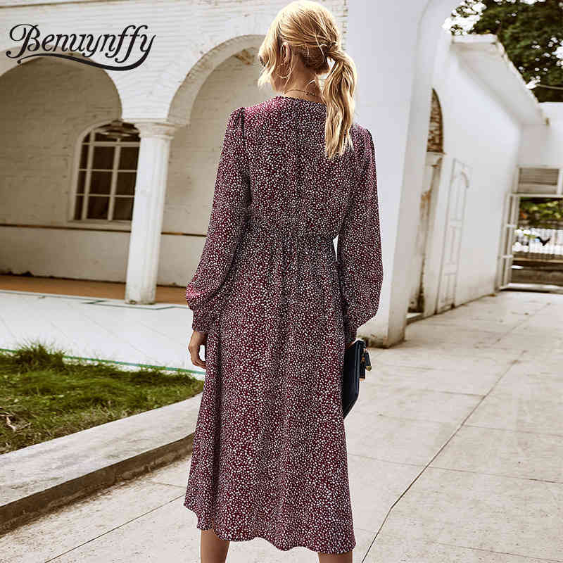 Casual High Elastic Waist Printed Women Dresses Autumn V-Neck Long Sleeve Woman Elegant OL A-Line Dress 210510