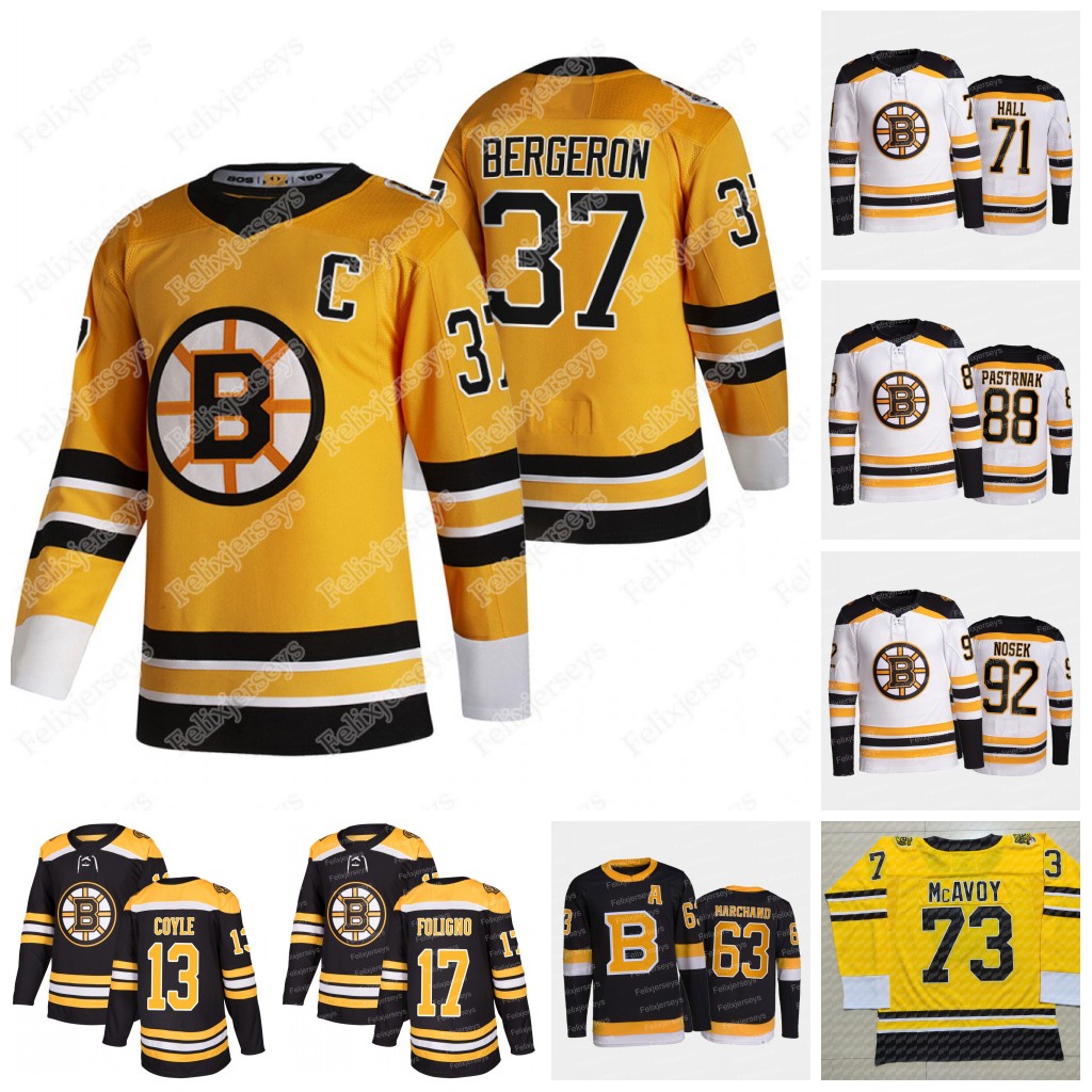 

71 Taylor Hall Boston Bruins Jersey Brad Marchand Patrice Bergeron (C) Charlie Coyle McAvoy Tomas Nosek Nick Foligno Erik Haula David Pastrnak Jake DeBrusk Tuukka Rask, Home jersey women: size s-xxl