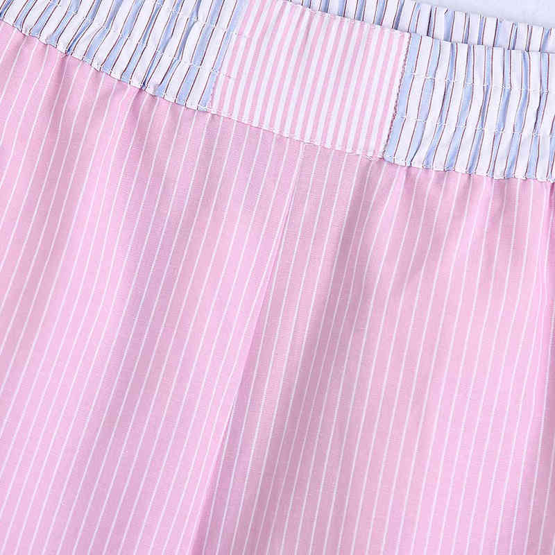 Women Fashion Patchwork Striped Print Casual Summer Shorts Chic Elastic Waist Pink Color Pantalones Cortos 210521