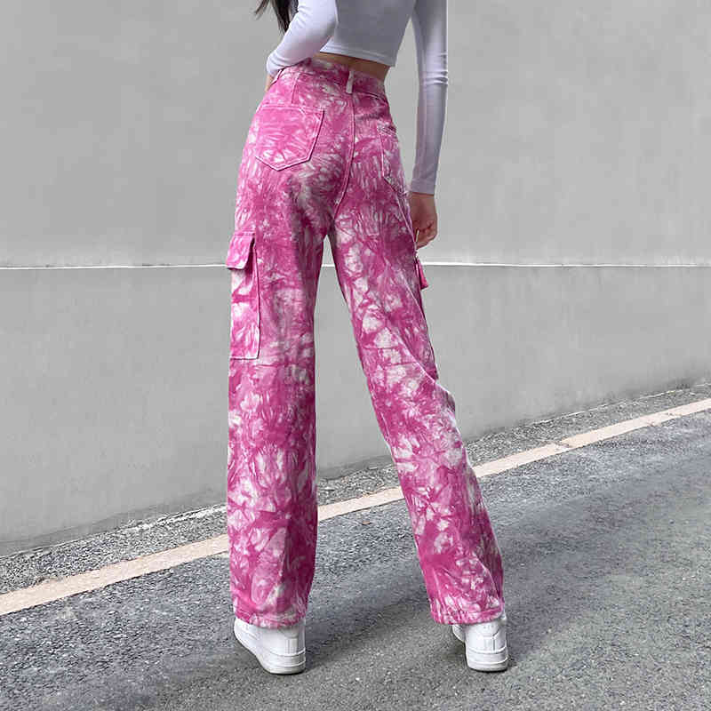 women wide leg jeans Camflouge pink big pocket high waist stright pants casual hip pop trousers 210524