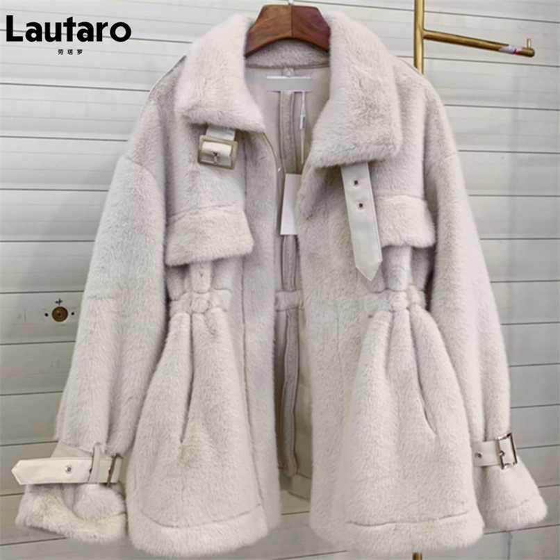 Lautaro Winter Soft Warm Thick Faux Fur Coat Women Drop Shoulder Long Sleeve Zipper Drawstring Fluffy Jacket Korean Fashion 211019