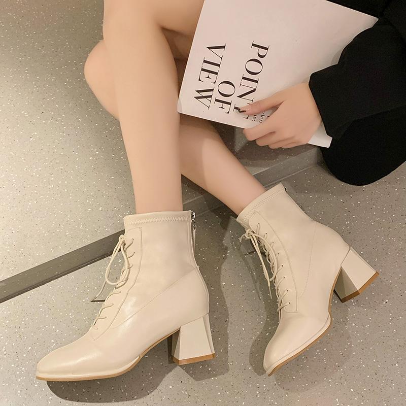 Boots Female British Style 2021 Spring And Autumn Single Square Toe Thick Heel Net Red Thin High Heels Short
