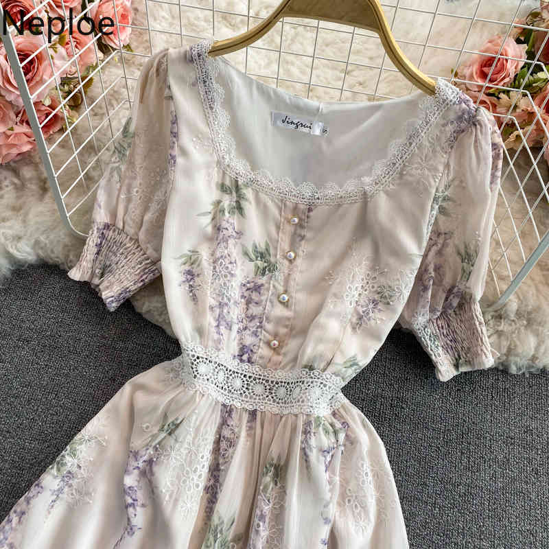 Neploe Spring Floral Dress Women Square Collar Embroidered Chiffon Maxi Dresses Elegant Sweet High Waist Short Sleeve Vestidos 210422
