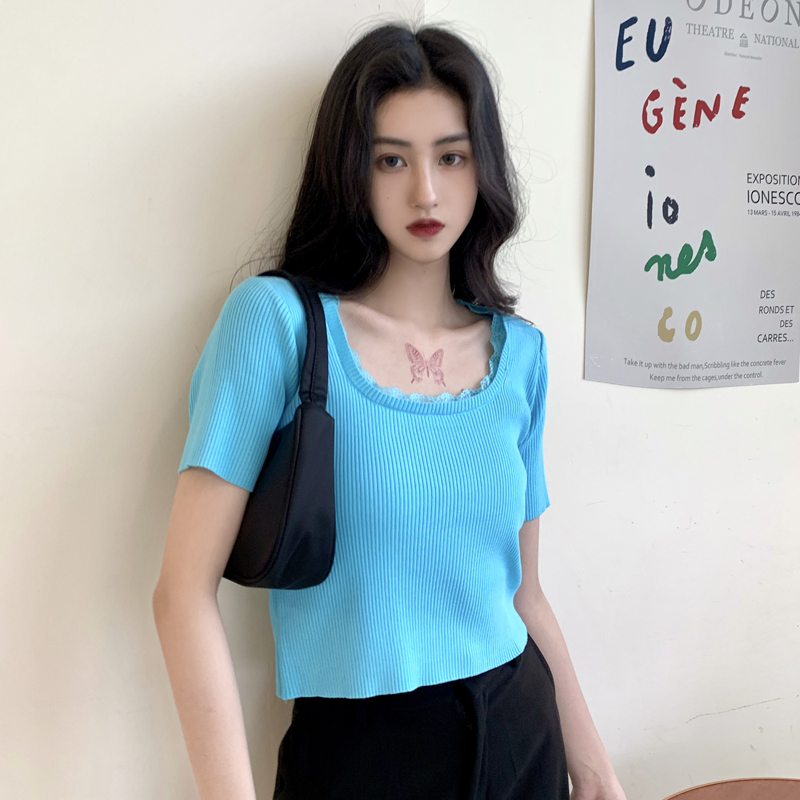 4 colors 2021 summer korean style short sleeve lace patchwork knitted t shirts womens tee shirt femme (C1279), White
4 colors 2021 summer korean style short sleeve lace patchwork knitted t shirts womens tee shirt femme (C1279), White
