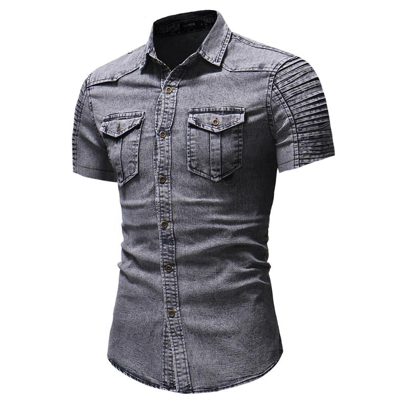 Men's Casual Shirts Mens Slim Fit Short Sleeve Denim Shirt Button Down Standard-Fit Hip Hop Distressed Jeans