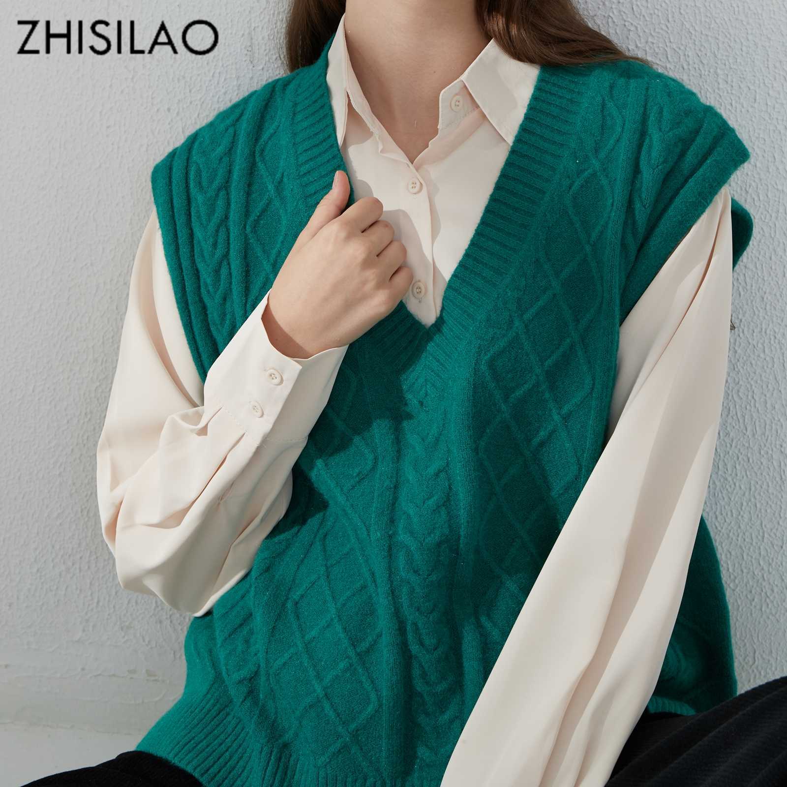 ZHISILAO V-Neck Knitted Sweater Vest Women Vintage Sleeveless Oversized PulloverWaistcoat s Female Solid 210914
